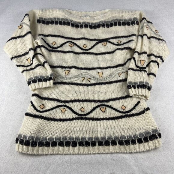Adolfo Sweater Womens Small Cream Black Knit Metallic Wool Blend Long Sleeve VTG - Picture 1 of 13